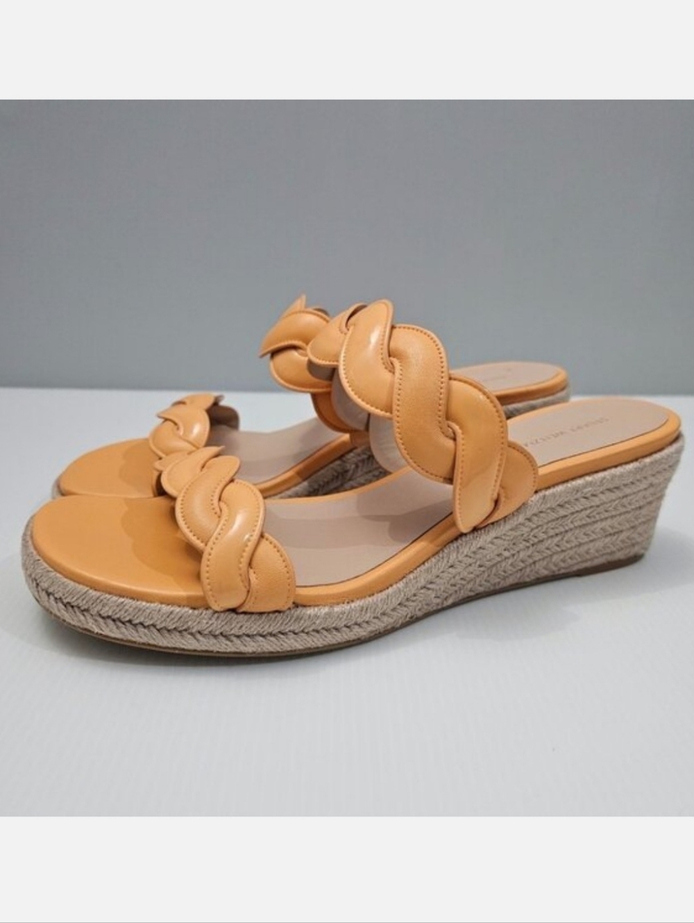 Stuart Weitzman Twist Espadrille Wedge Sandal Womens 11 Mango Leather Jute Slide